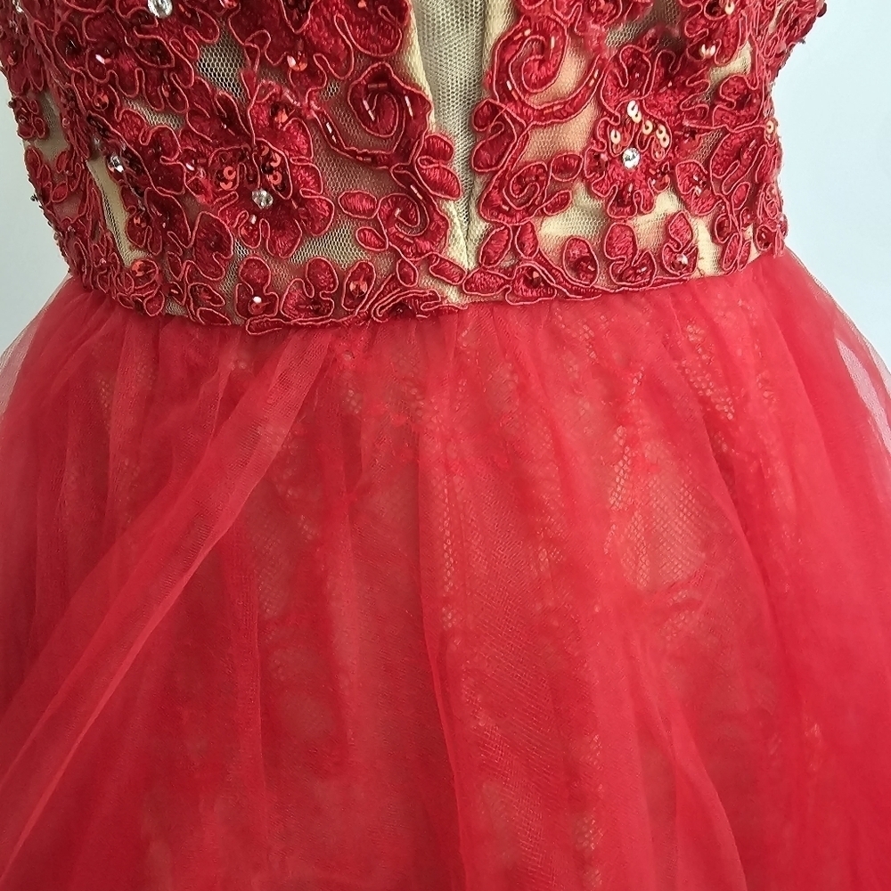 Sherri Hill Red & Nude Tulle Lace Maxi Dress - Picture 8 of 16